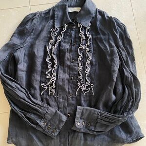 Zimmerman Button Down Ruffle Black White Ramie Blouse Shirt Top Size O